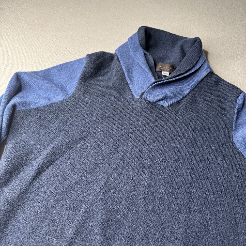 Thomas Dean Extra Fine Merino Wool Blue Shawl Neck Pull Over Sweater Mens Medium
